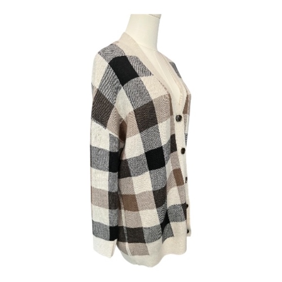 ๐ โจ NWOT LOFT Brown Beige Black Cream Plaid Button Front Cardigan | Size XL - Picture 3 of 8